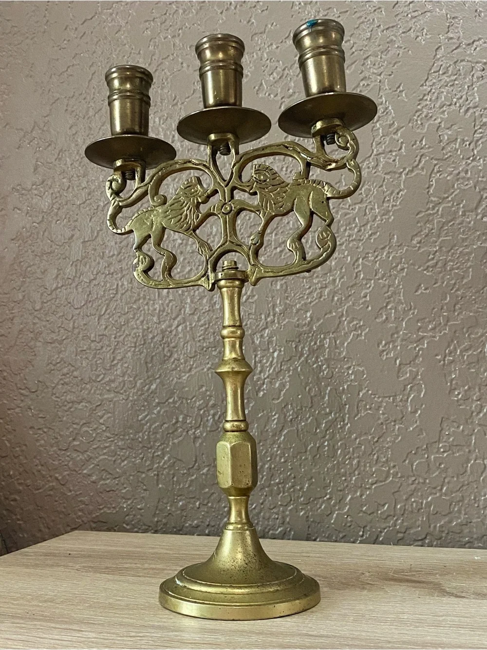 Brass Triple-Arm Lion Motif Candelabra